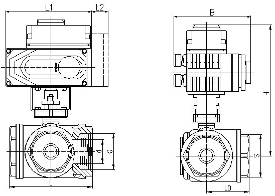 電動內螺紋三通球閥結構圖 電動內螺紋三通球閥結構圖